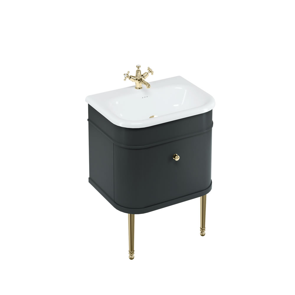 Chalfont 65cm Single drawer unit Matt Black with roll top basin, gold legs & gold handles