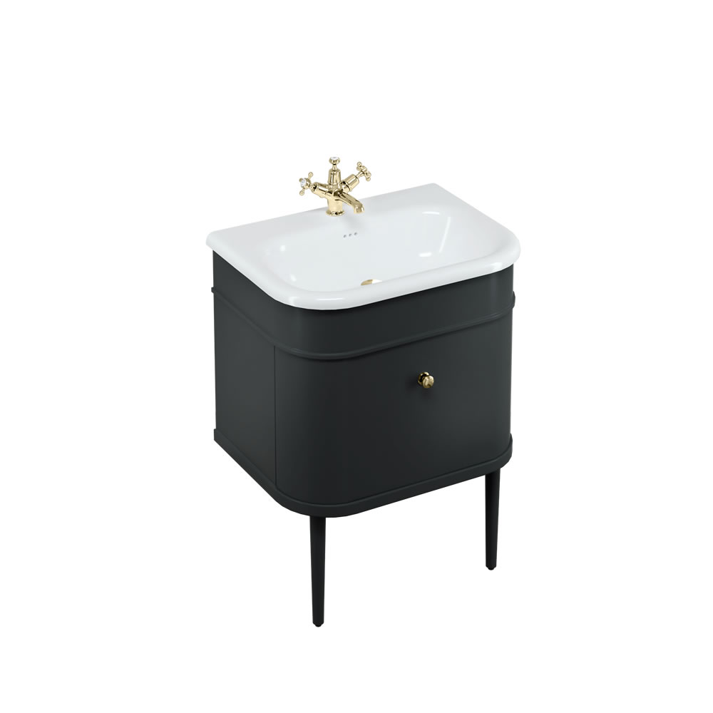 Chalfont 65cm Single drawer unit Matt Black with roll top basin, matt black legs & gold handles