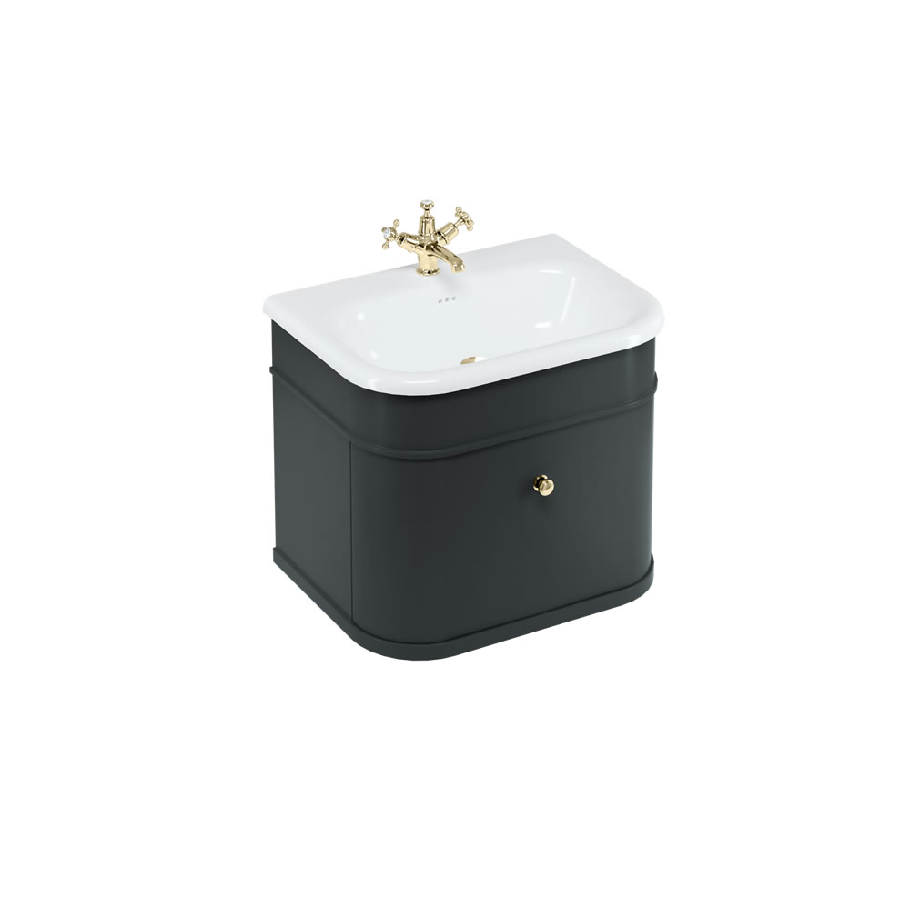 Chalfont 65cm Single drawer unit Matt Black with roll top basin & gold handles