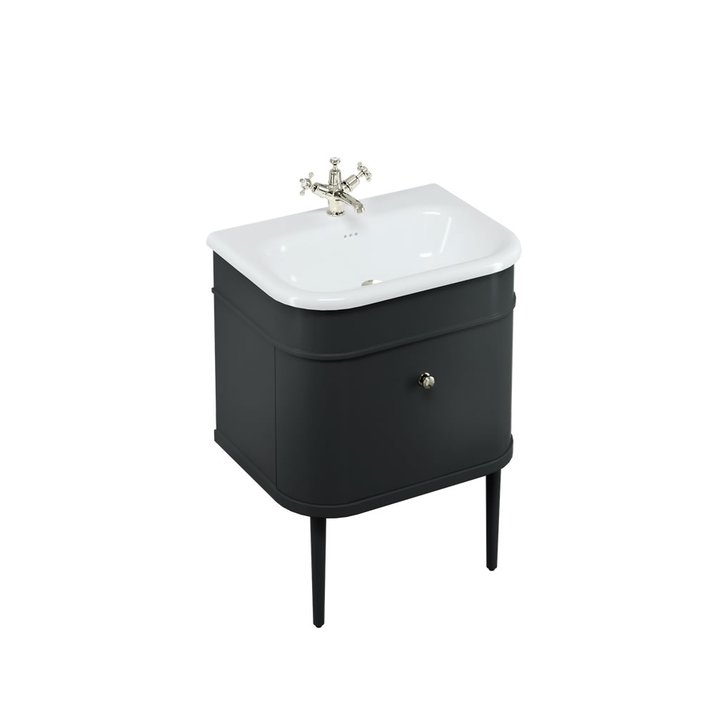 Chalfont 65cm Single drawer unit Matt Black with roll top basin, matt black legs & nickel handles