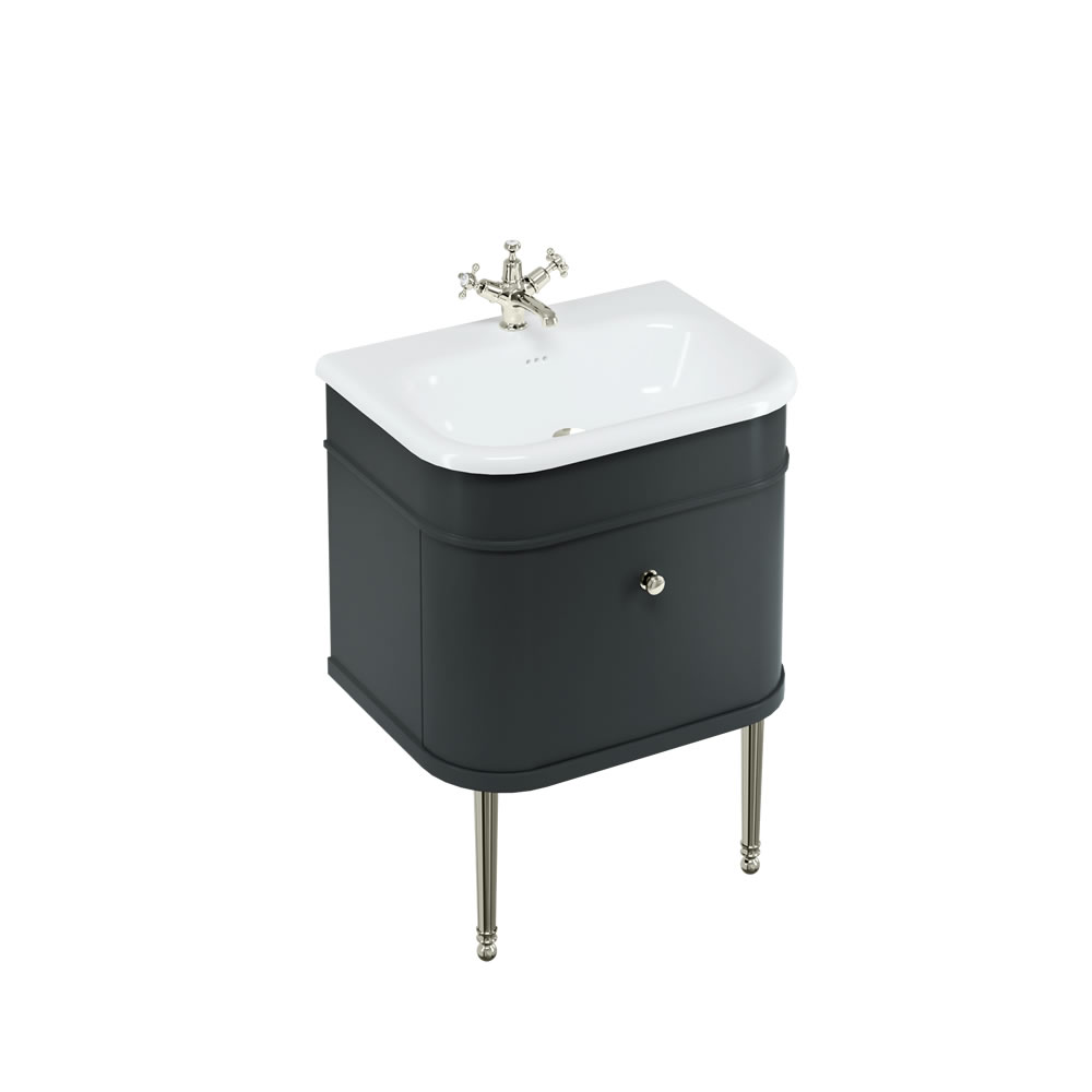 Chalfont 65cm Single drawer unit Matt Black with roll top basin, nickel legs & nickel handles