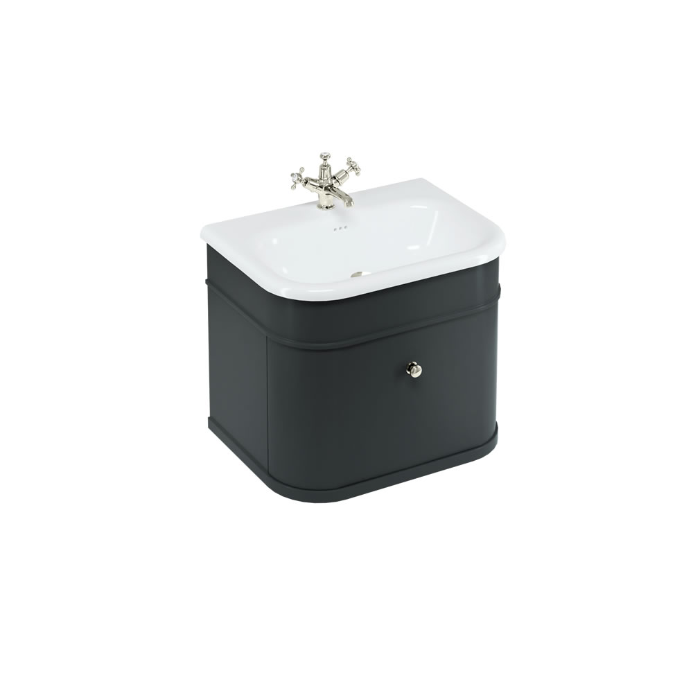 Chalfont 65cm Single drawer unit Matt Black with roll top basin & nickel handles