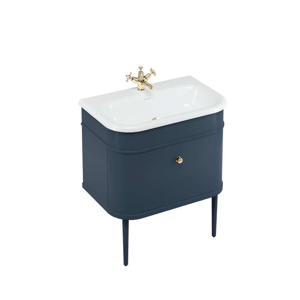 Chalfont 75cm Single drawer unit Matt Blue with roll top basin, matt blue legs & gold handles