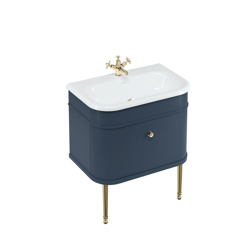 Chalfont 75cm Single drawer unit Matt Blue with roll top basin, gold legs & gold handles