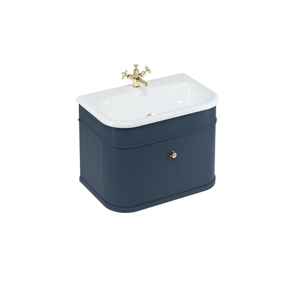 Chalfont 75cm Single drawer unit Matt Blue with roll top basin & gold handles