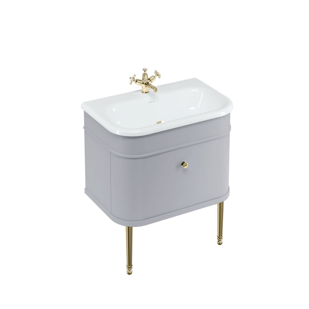 Chalfont 75cm Single drawer unit Matt Grey with roll top basin, gold legs & gold handles