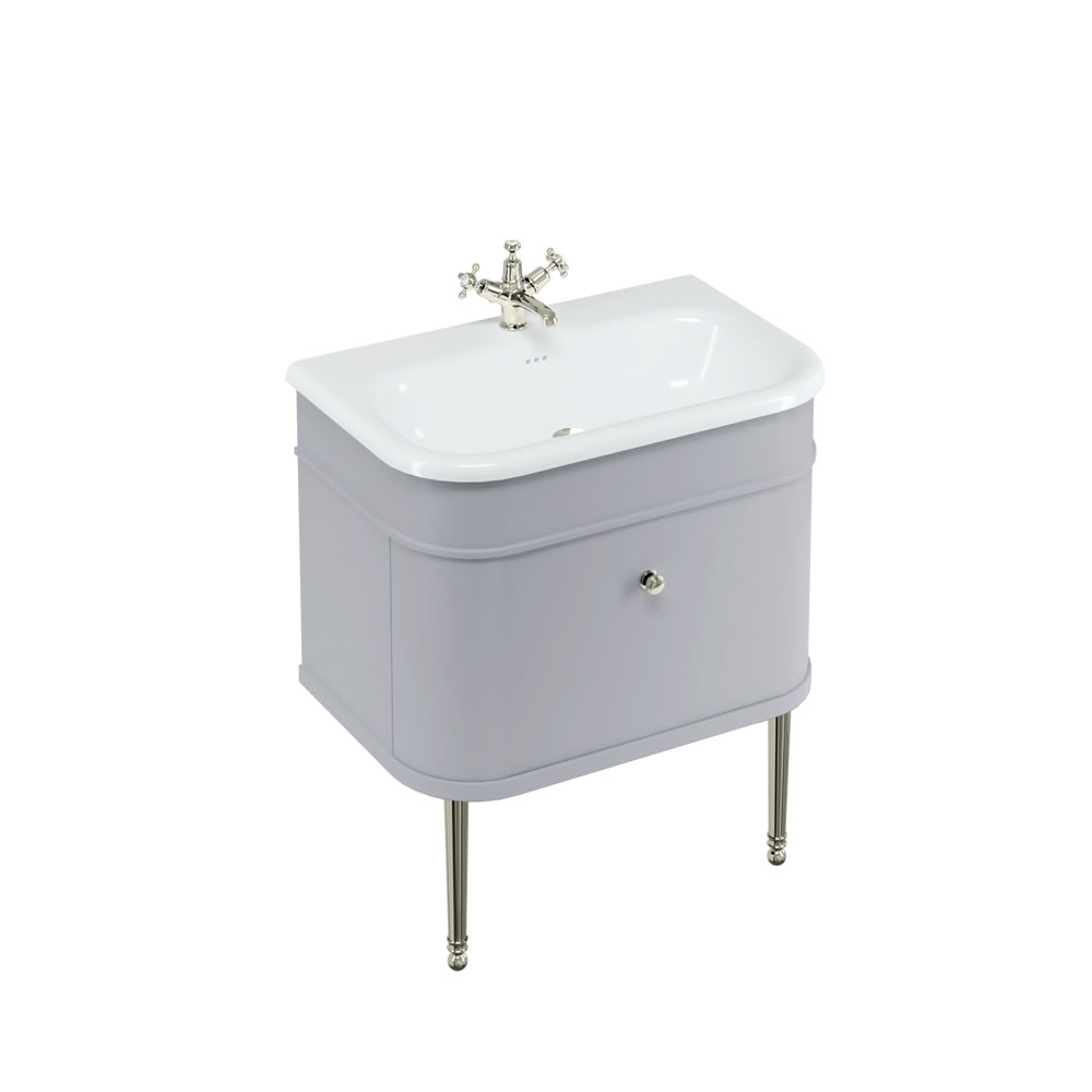 Chalfont 75cm Single drawer unit Matt Grey with roll top basin, nickel legs & nickel handles