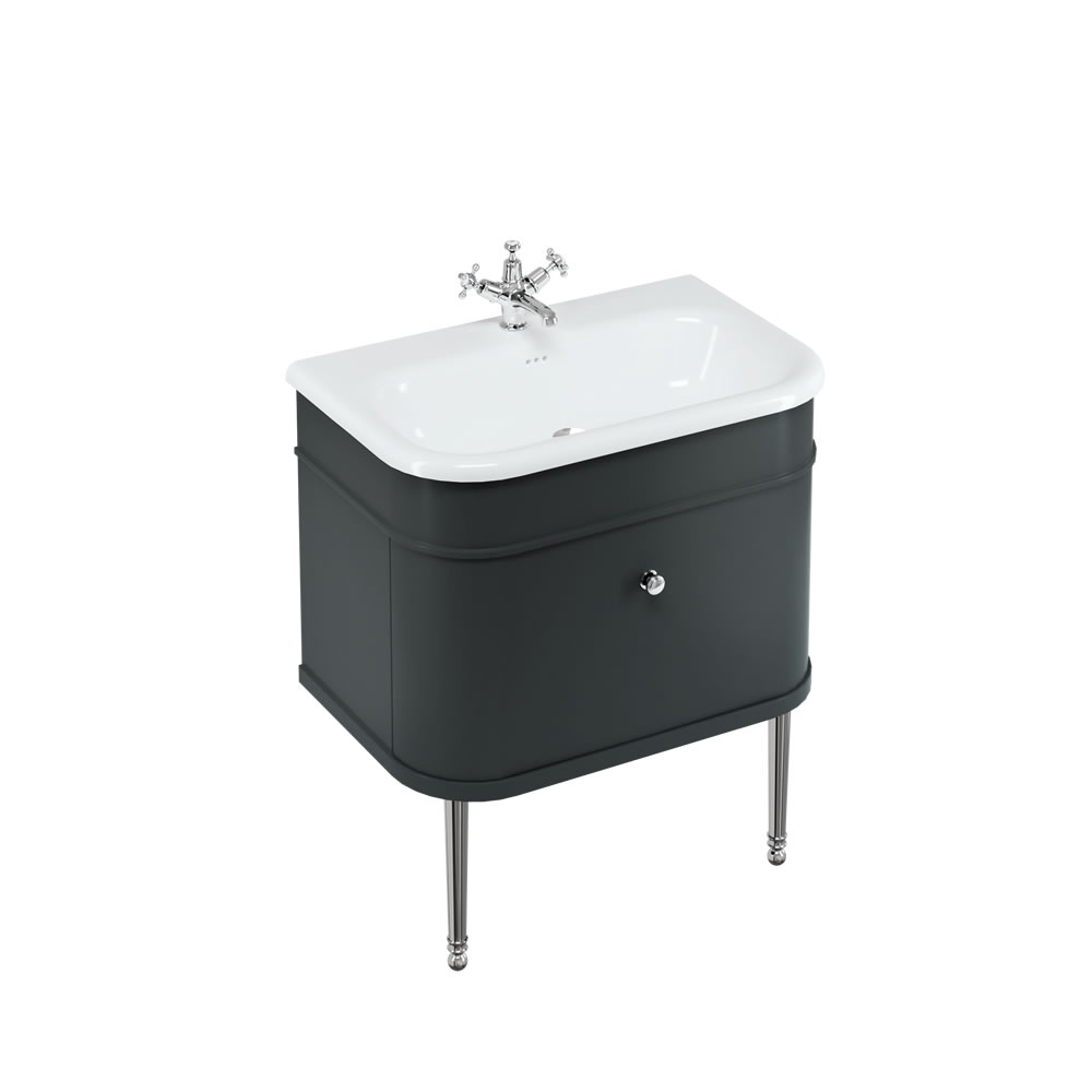 Chalfont 75cm Single drawer unit Matt Black with roll top basin, chrome legs & chrome handles
