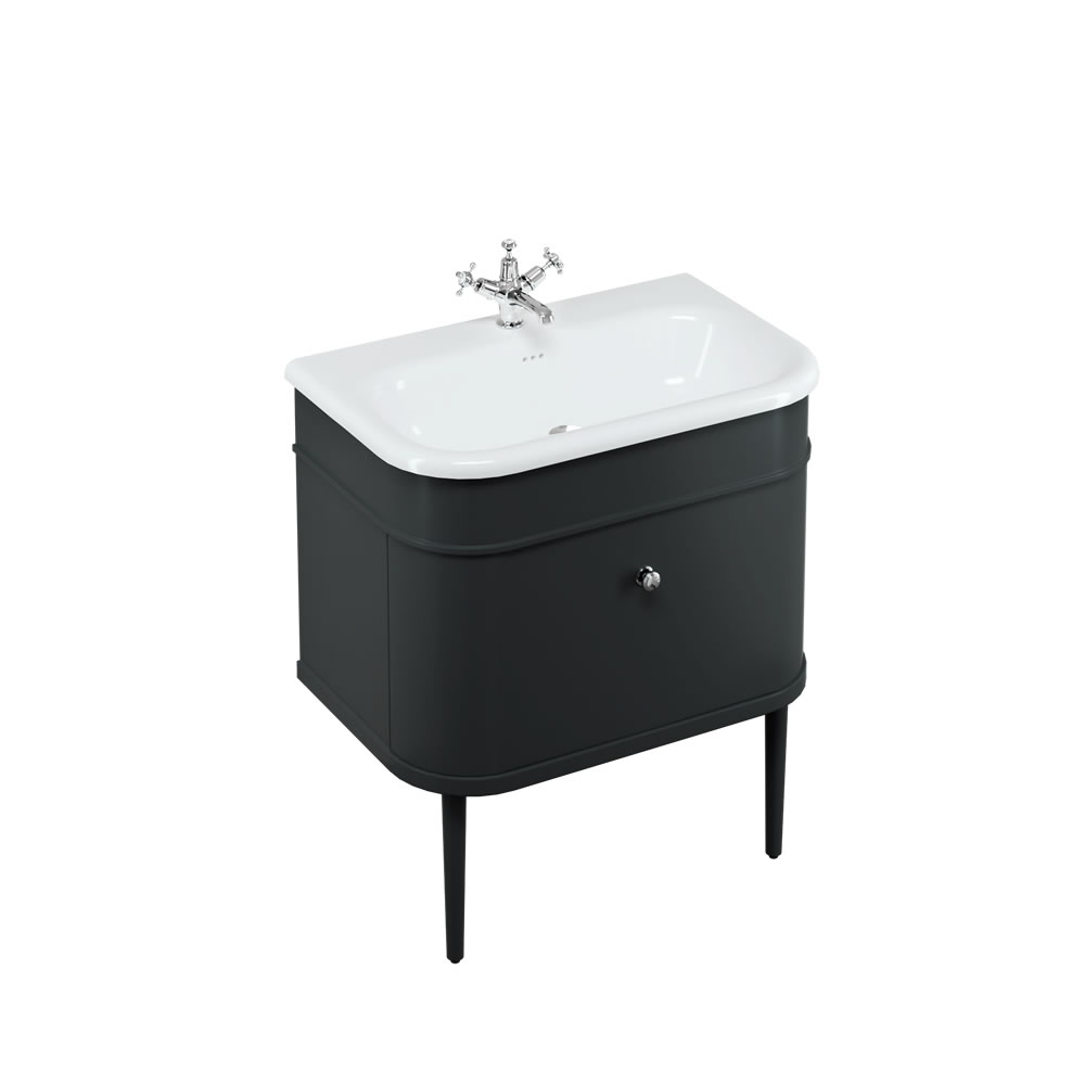 Chalfont 75cm Single drawer unit Matt Black with roll top basin, matt black legs & chrome handles
