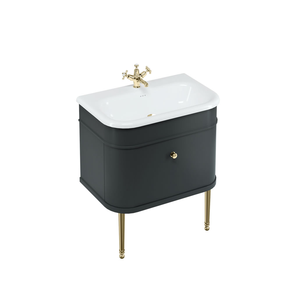Chalfont 75cm Single drawer unit Matt Black with roll top basin, gold legs & gold handles