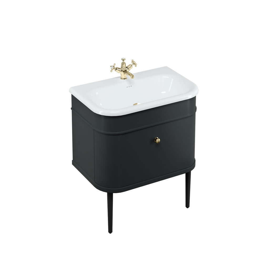 Chalfont 75cm Single drawer unit Matt Black with roll top basin, matt black legs & gold handles