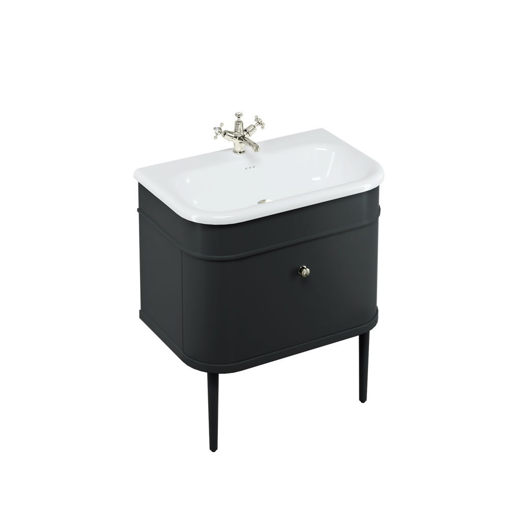 Chalfont 75cm Single drawer unit Matt Black with roll top basin, matt black legs & nickel handles