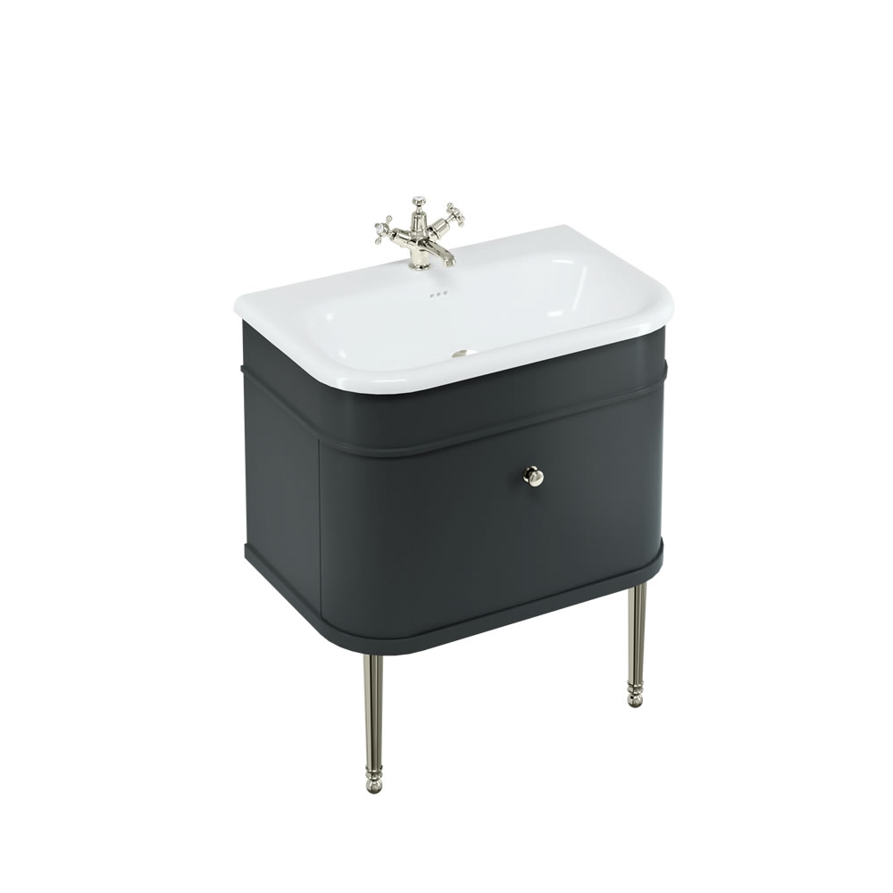 Chalfont 75cm Single drawer unit Matt Black with roll top basin, nickel legs & nickel handles