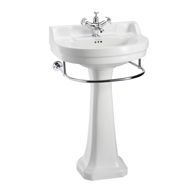 Edwardian round 56cm basin, towel rail and standard pedestal