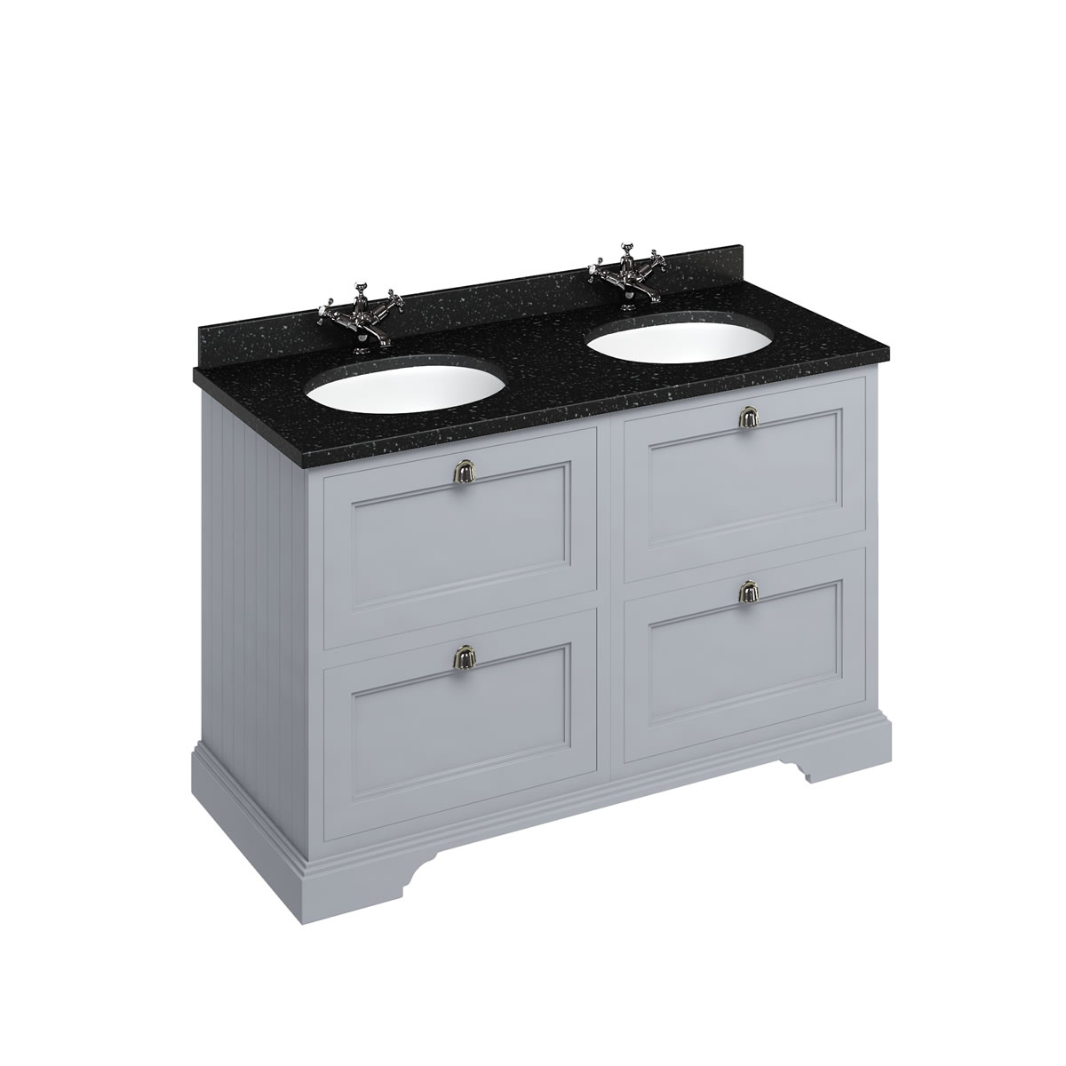Freestanding 130 Vanity Unit with drawers - Classic Grey and Minerva black granite worktop with two integrated white basins 