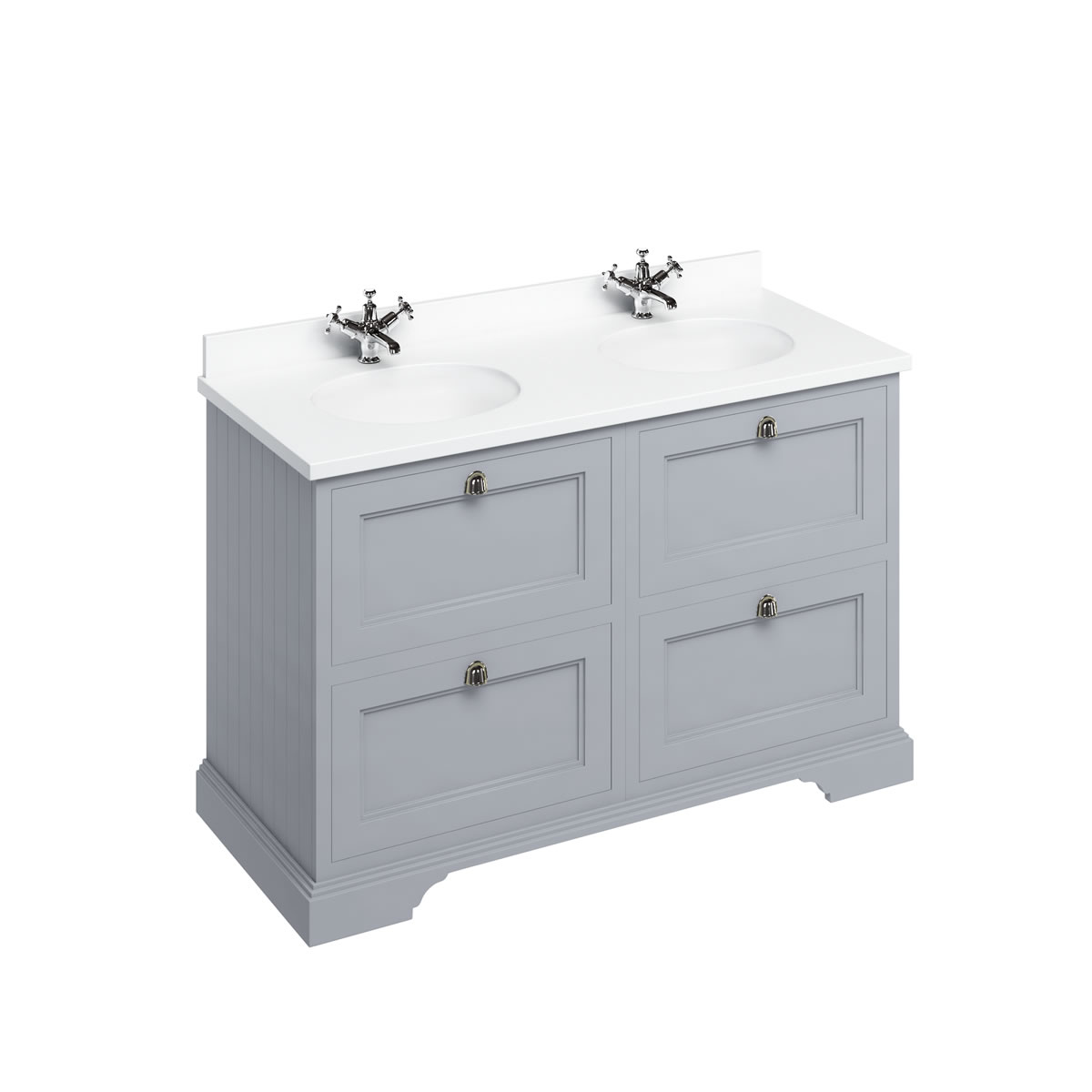 Freestanding 130 Vanity Unit with drawers - Classic Grey and Minerva white worktop with two integrated white basins 