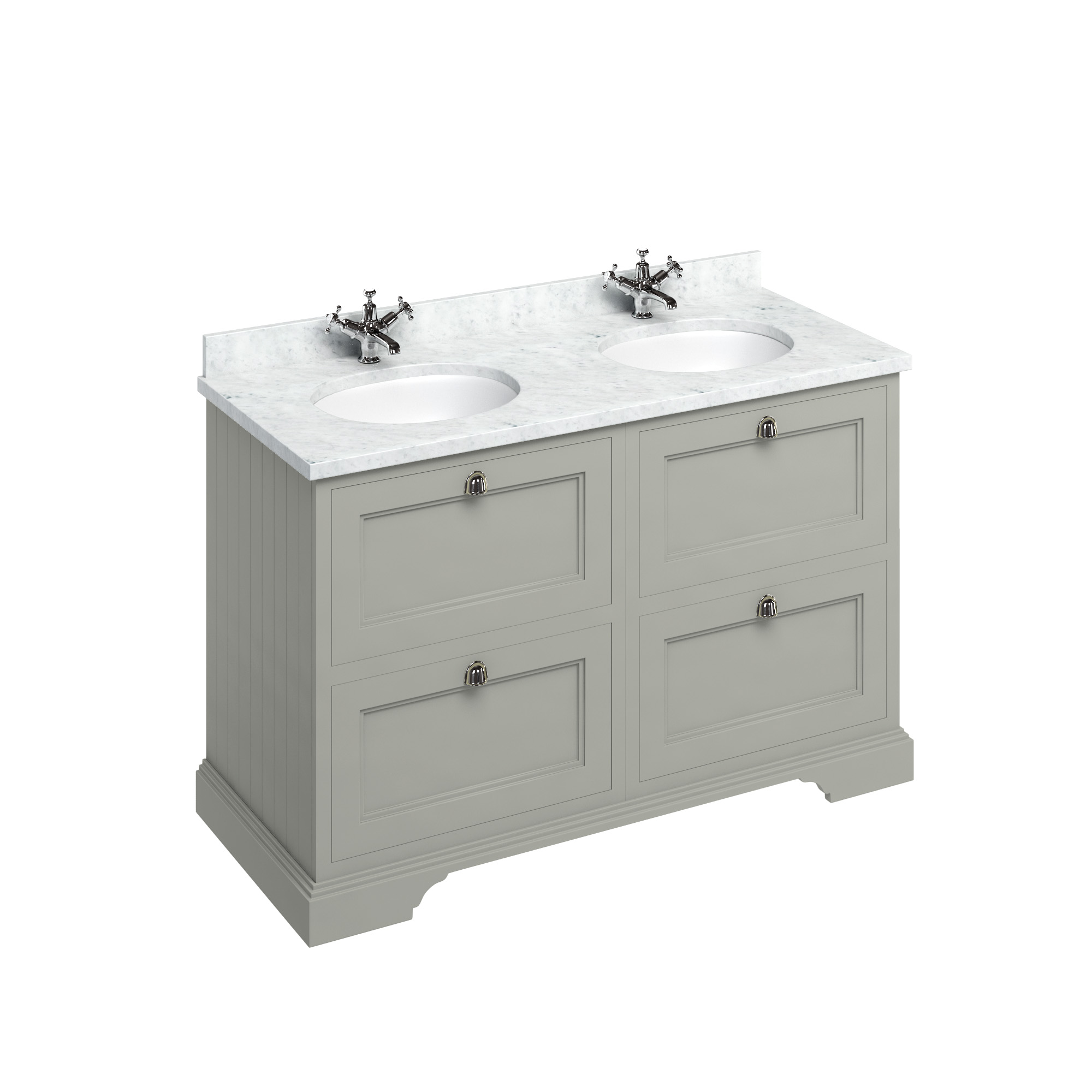 Freestanding 130 Vanity Unit with drawers - Dark Olive and Minerva Carrara white worktop with two integrated white basins