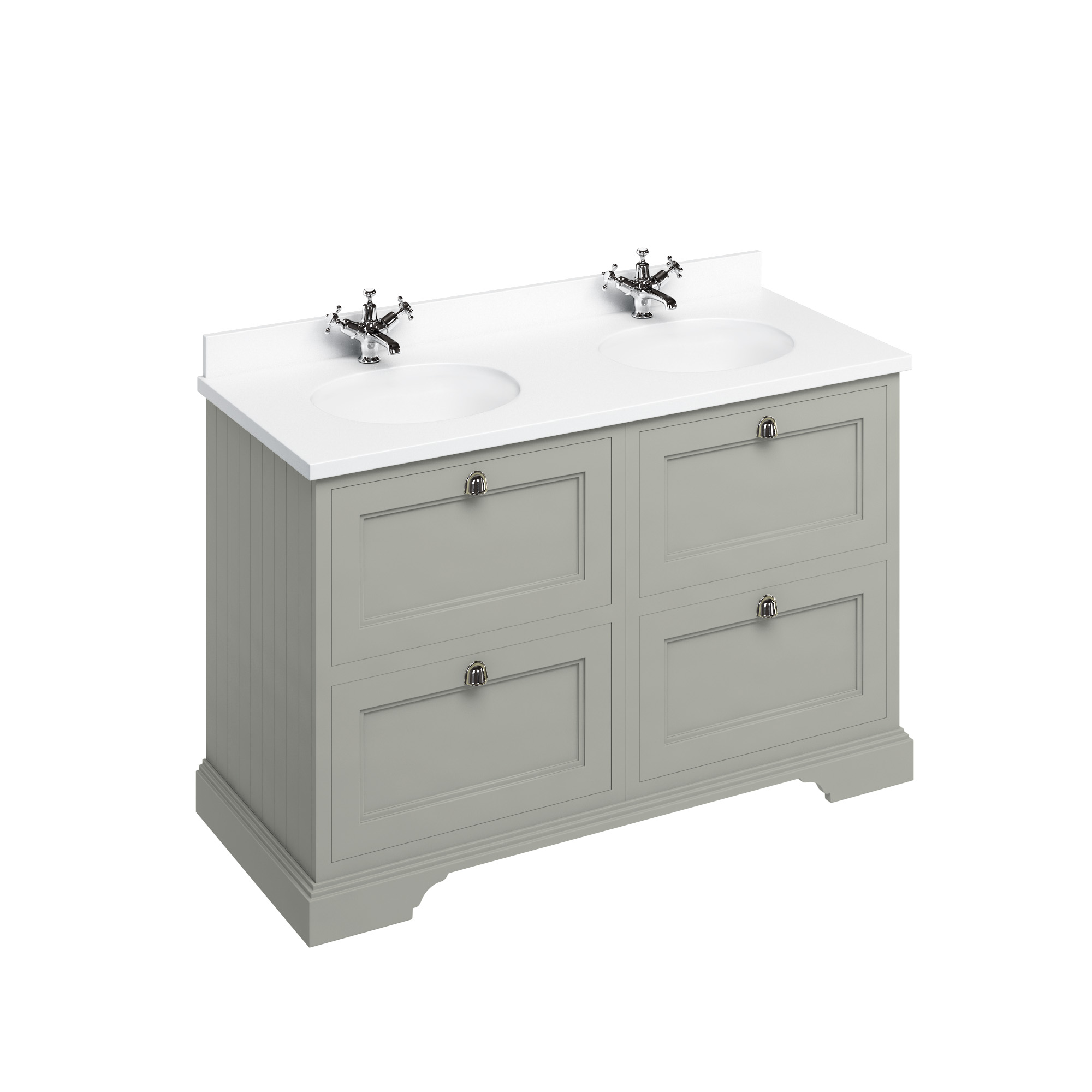 Freestanding 130 Vanity Unit with drawers - Dark Olive and Minerva white worktop with two integrated white basins