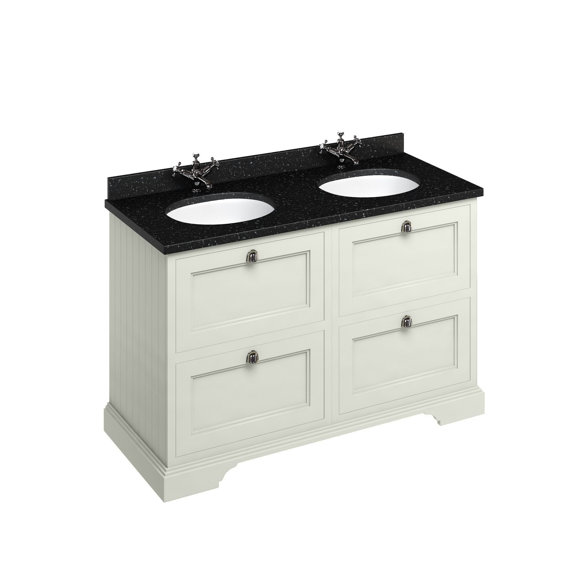 Freestanding 130 Vanity Unit with drawers - Sand and Minerva black granite worktop with two integrated white basins