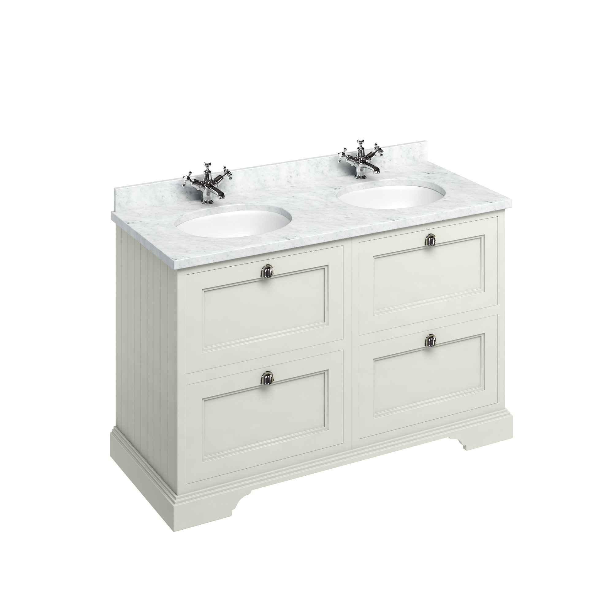 Freestanding 130 Vanity Unit with drawers - Sand and Minerva Carrara white worktop with two integrated white basins
