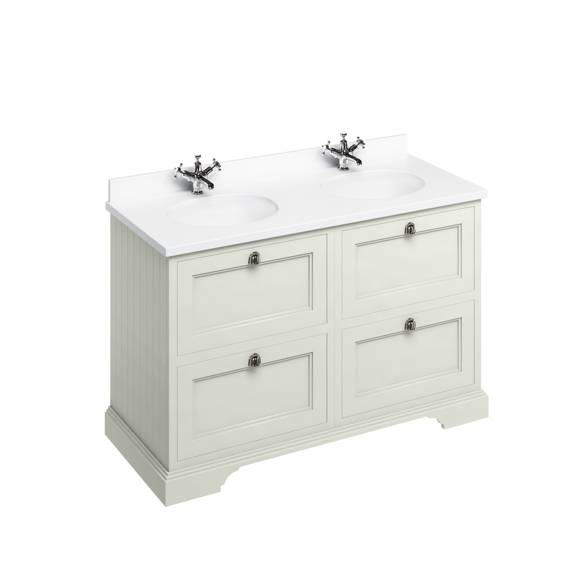 Freestanding 130 Vanity Unit with drawers - Sand and Minerva white worktop with two integrated white basins