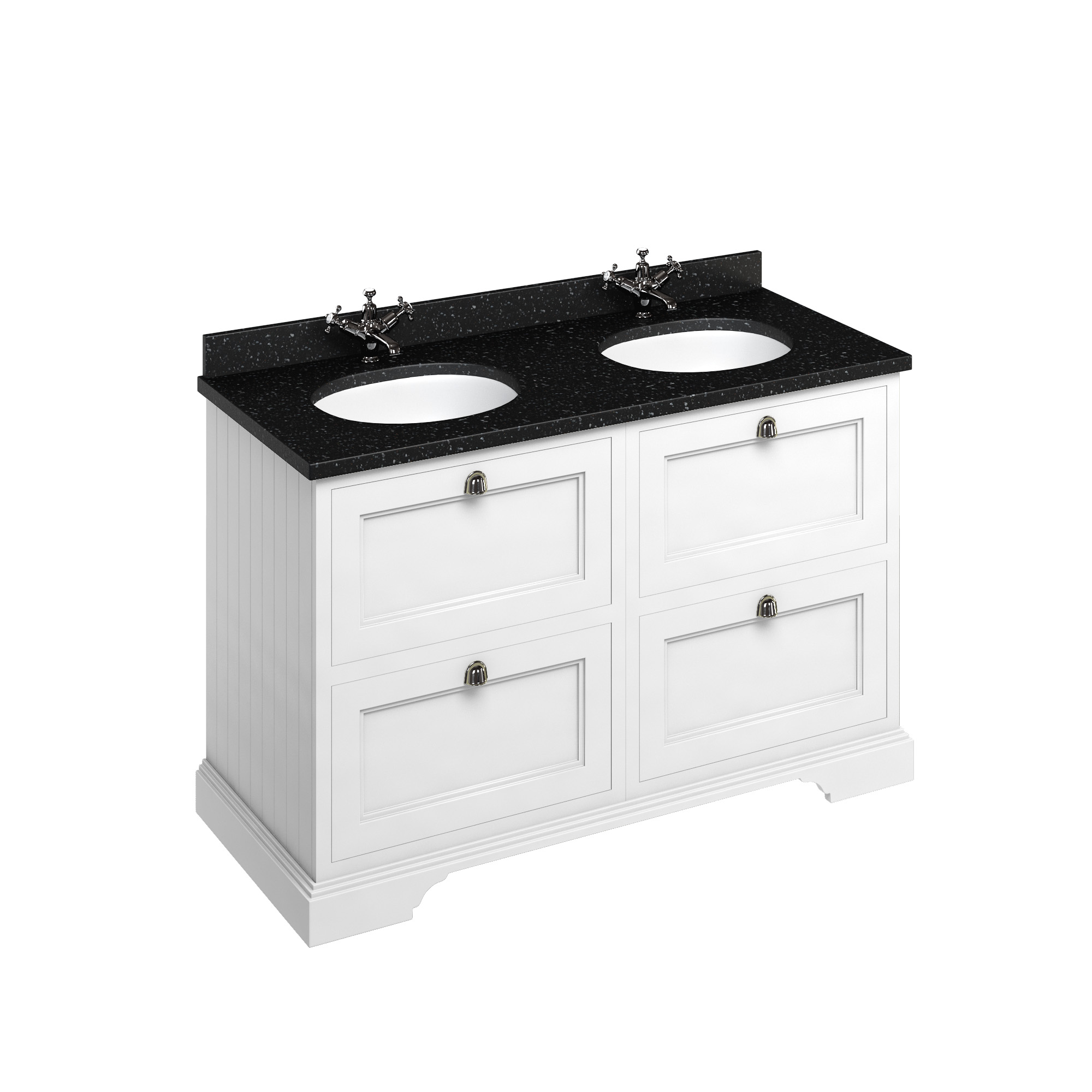 Freestanding 130 Vanity Unit with drawers - Matt White and Minerva black granite worktop with two integrated white basins