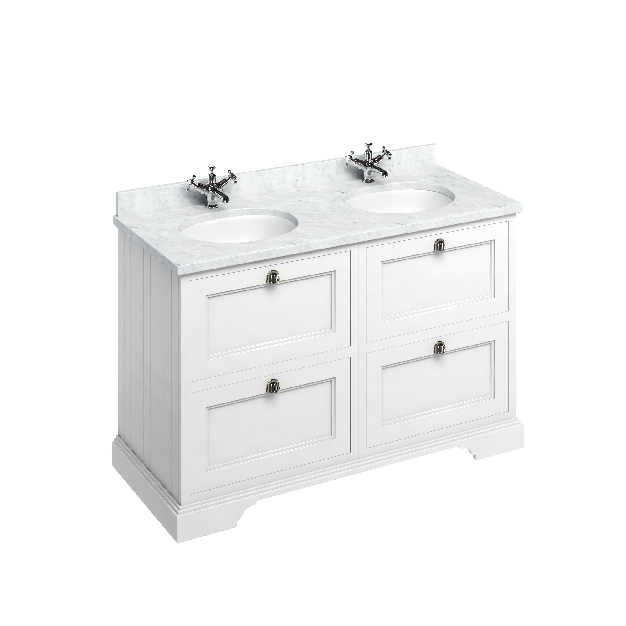 Freestanding 130 Vanity Unit with drawers - Matt White and Minerva Carrara white worktop with two integrated white basins