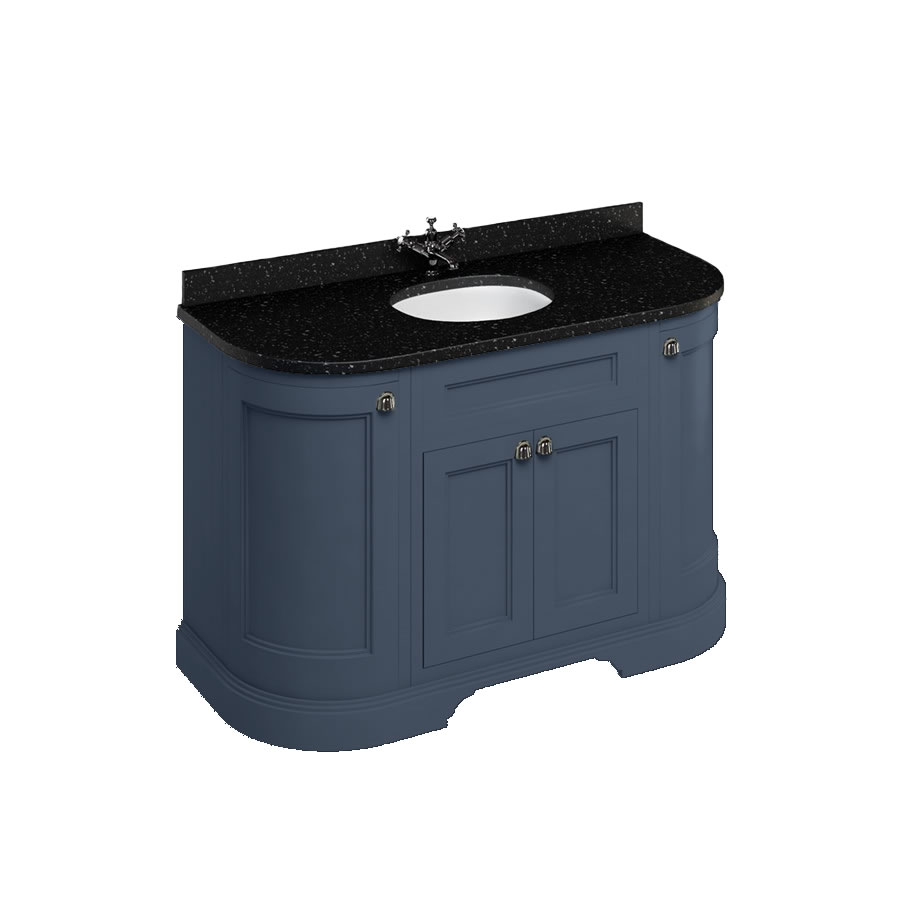 Freestanding 134 Curved Vanity Unit with doors - Blue and Minerva black granite worktop with integrated white basin