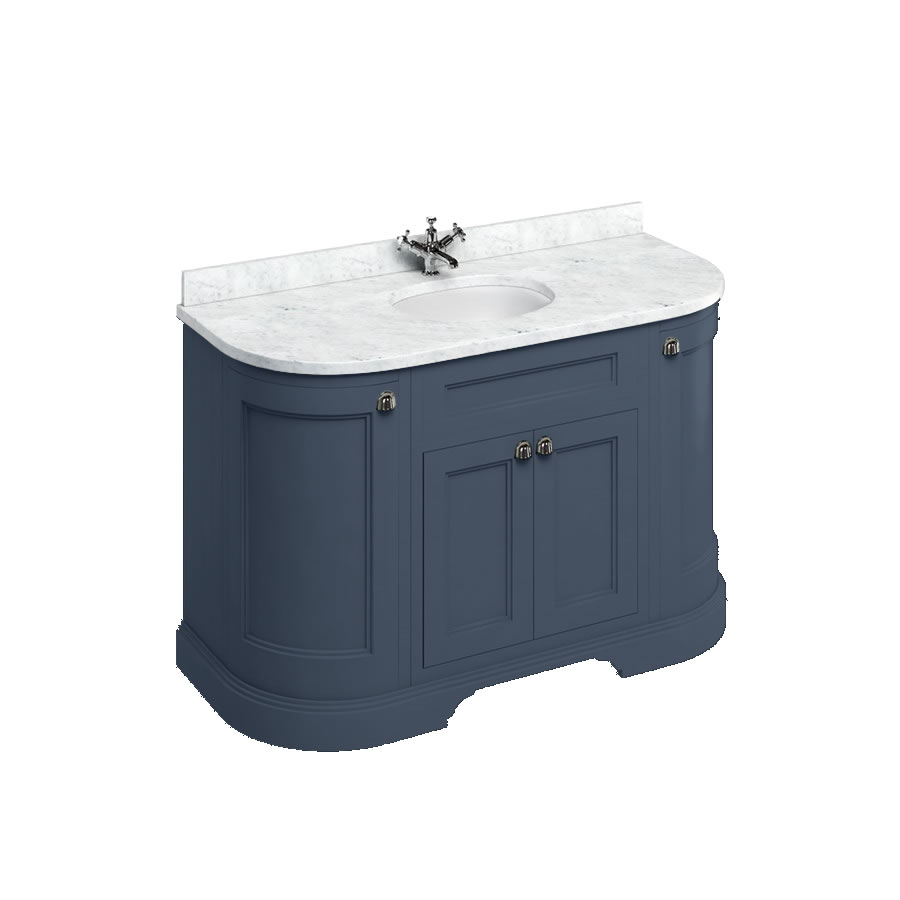 Freestanding 134 Curved Vanity Unit with doors - Blue and Minerva Carrara white worktop with integrated white basin