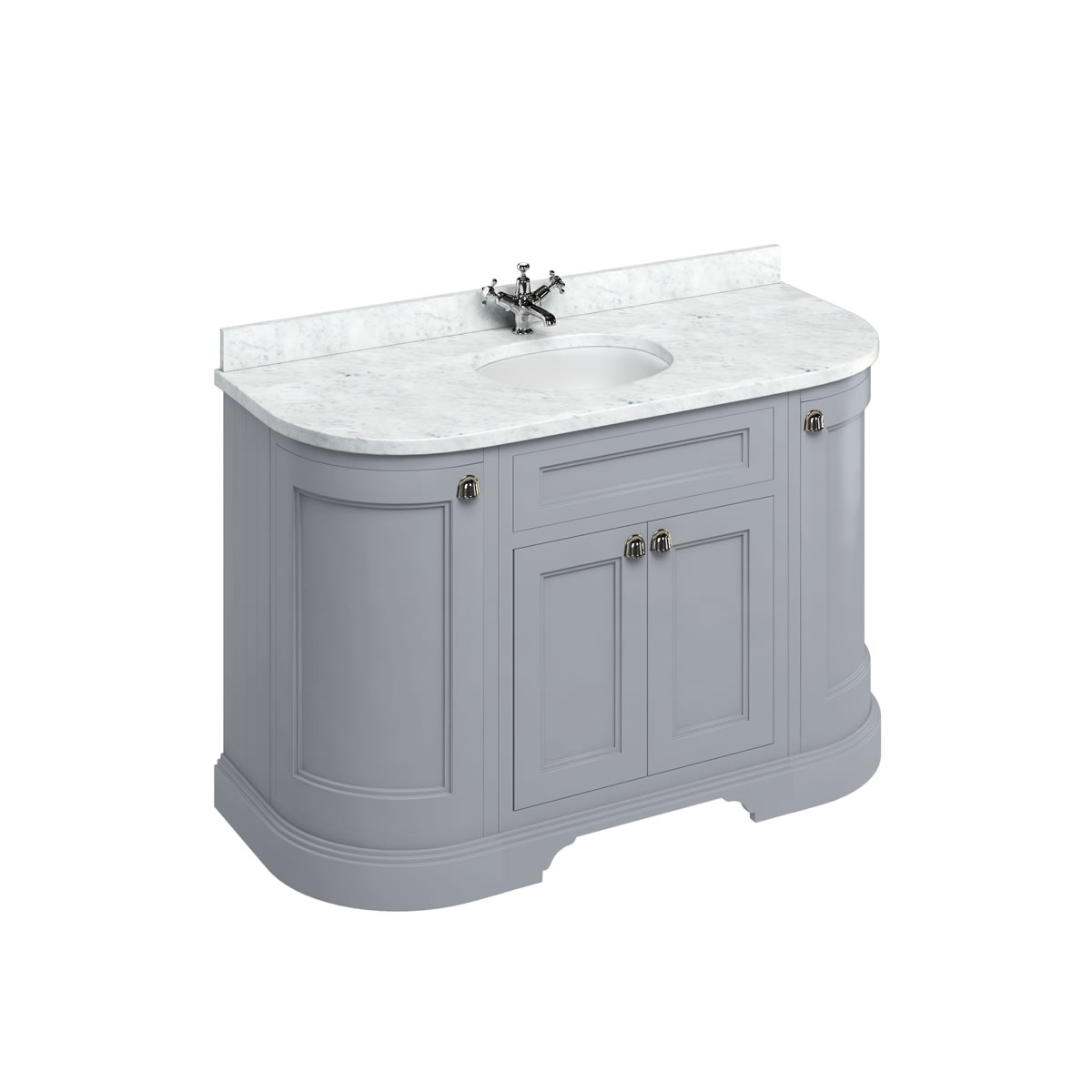 Freestanding 134 Curved Vanity Unit with doors - Classic Grey and Minerva Carrara white worktop with integrated white basin 