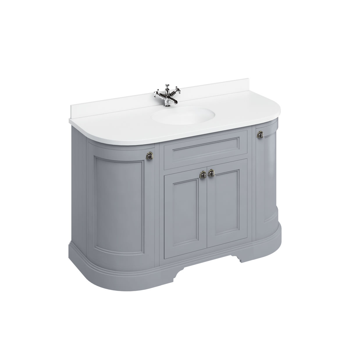 Freestanding 134 Curved Vanity Unit with doors - Classic Grey and Minerva white worktop with integrated white basin 