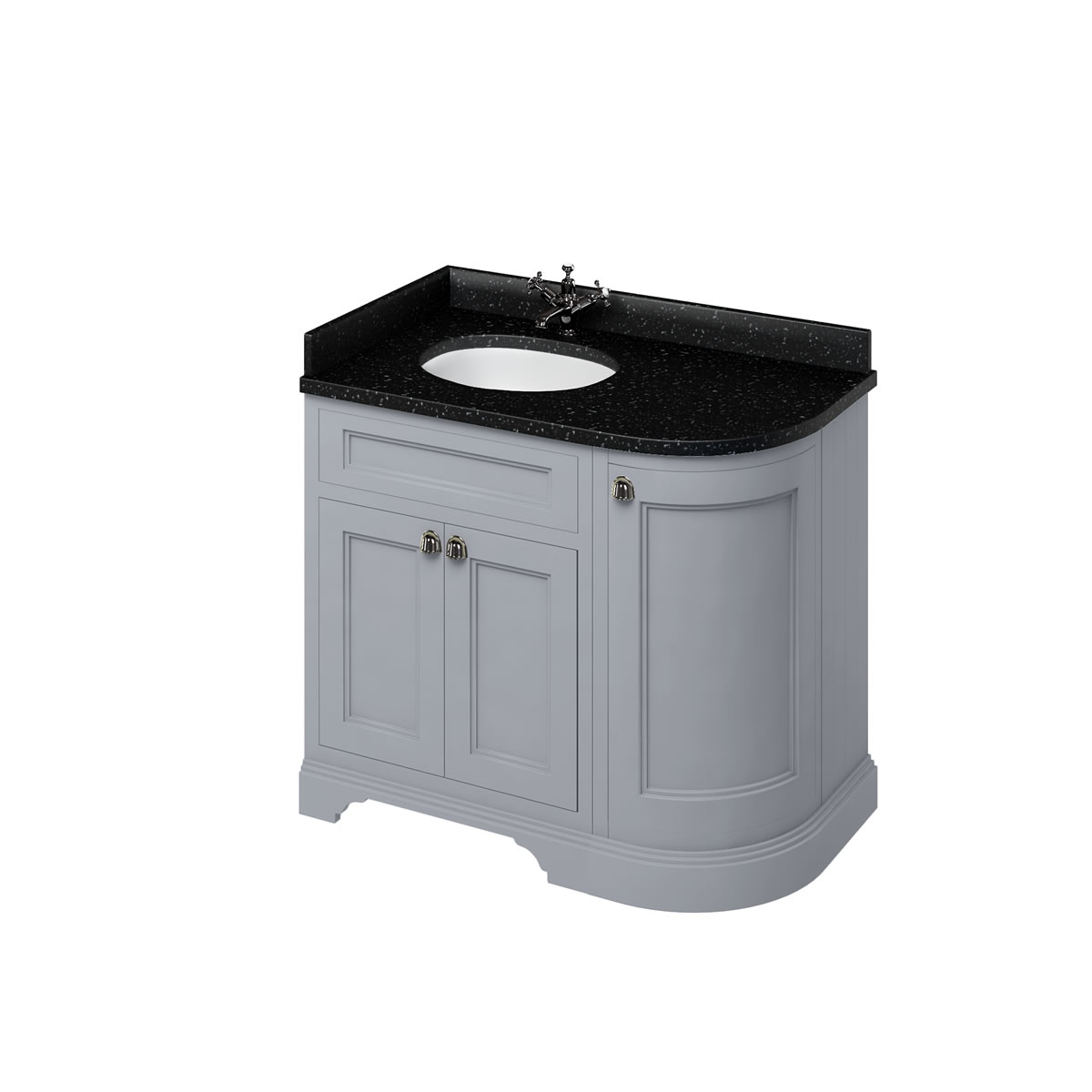 Freestanding 100 Curved Corner Vanity Unit Left Hand - Classic Grey and Minerva black granite worktop with integrated white basins 