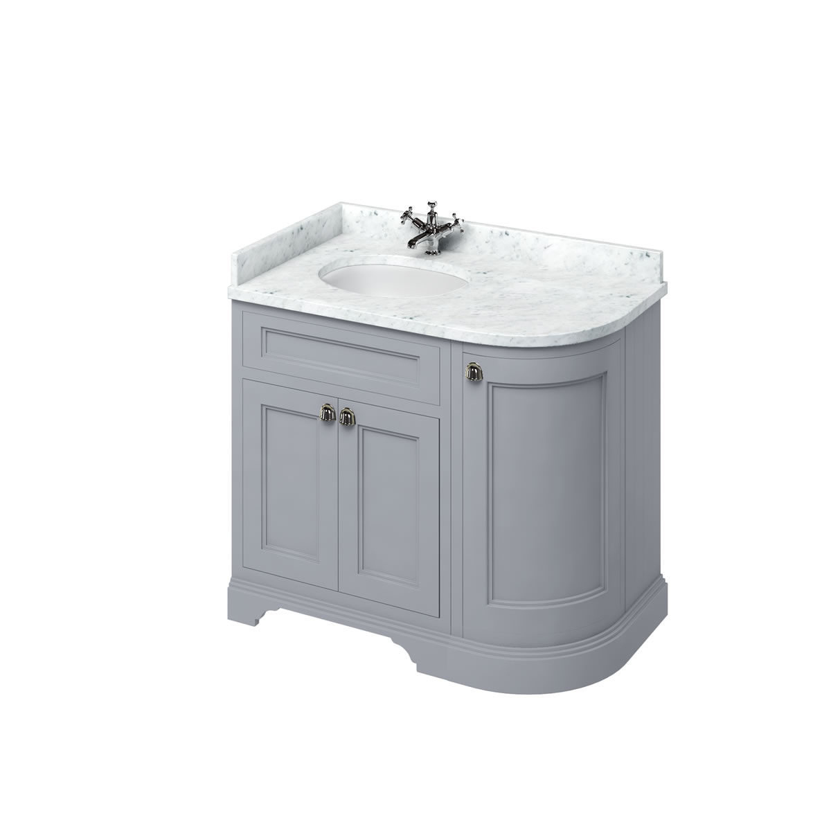 Freestanding 100 Curved Corner Vanity Unit Left Hand - Classic Grey and Minerva Carrara white worktop with integrated white basin 