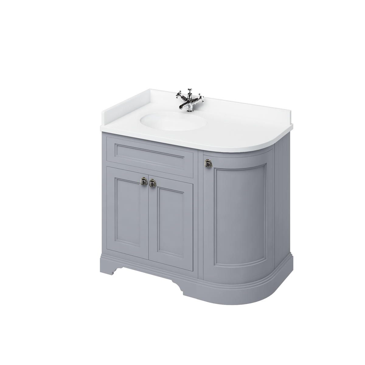 Freestanding 100 Curved Corner Vanity Unit Left Hand - Classic Grey and Minerva white worktop with integrated white basin 