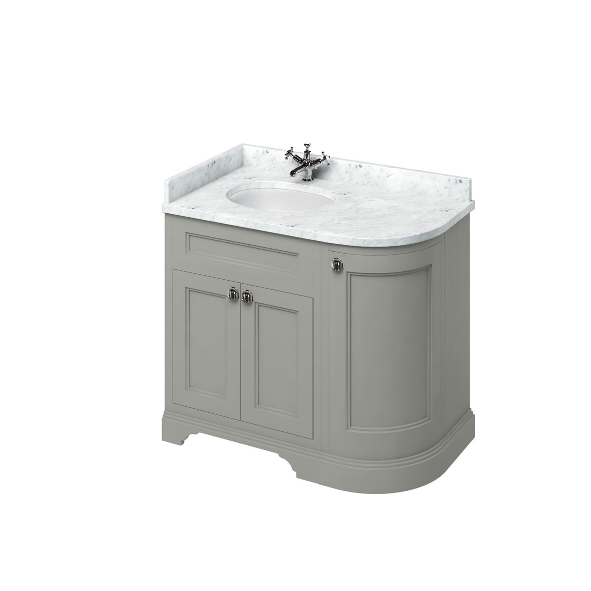 Freestanding 100 Curved Corner Vanity Unit Left Hand - Dark Olive and Minerva Carrara white worktop with integrated white basin