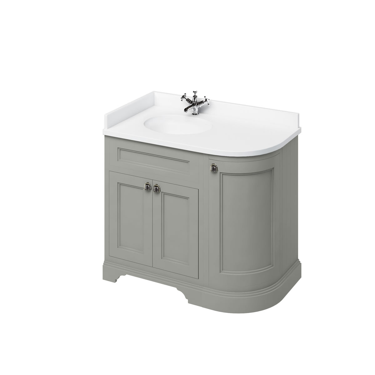 Freestanding 100 Curved Corner Vanity Unit Left Hand - Dark Olive and Minerva white worktop with integrated white basin