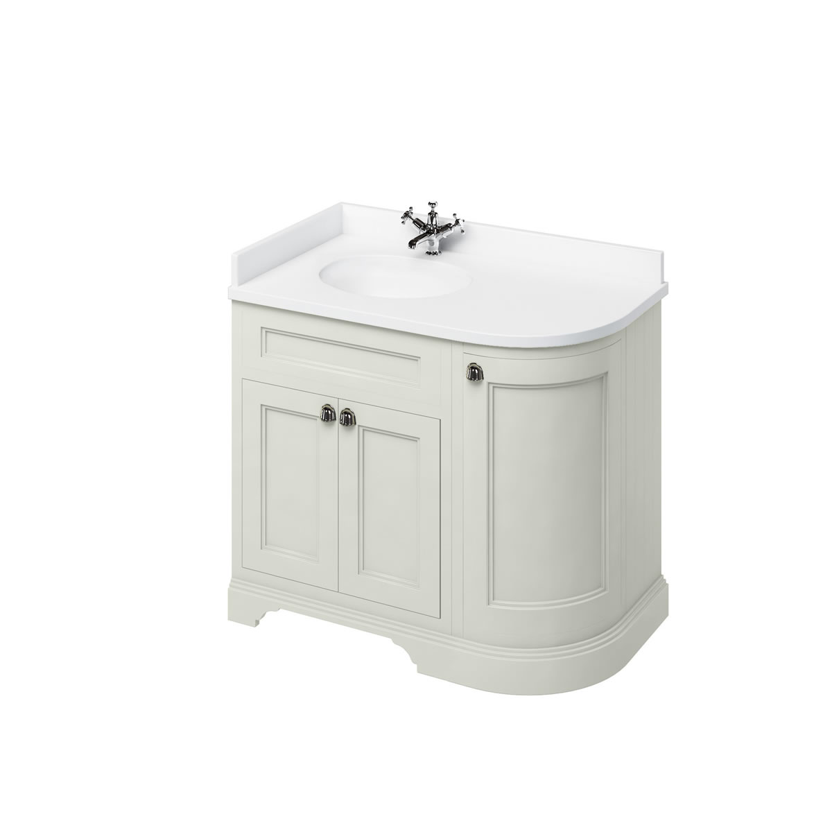 Freestanding 100 Curved Corner Vanity Unit Left Hand - Sand and Minerva white worktop with integrated white basin