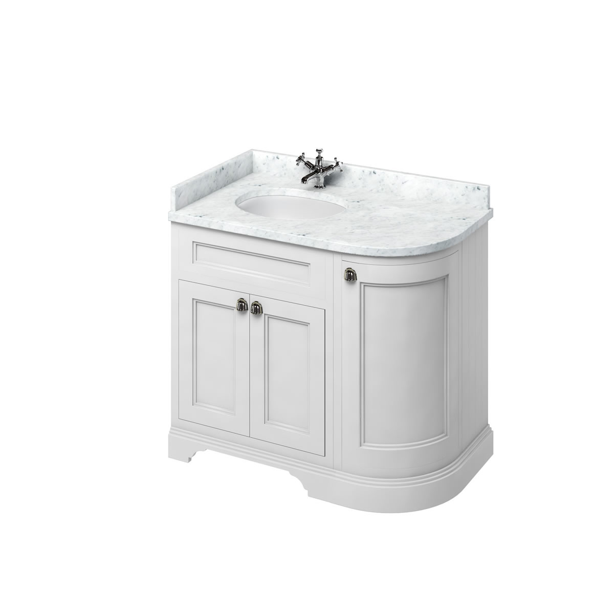 Freestanding 100 Curved Corner Vanity Unit Left Hand - Matt White and Minerva Carrara white worktop with integrated white basin