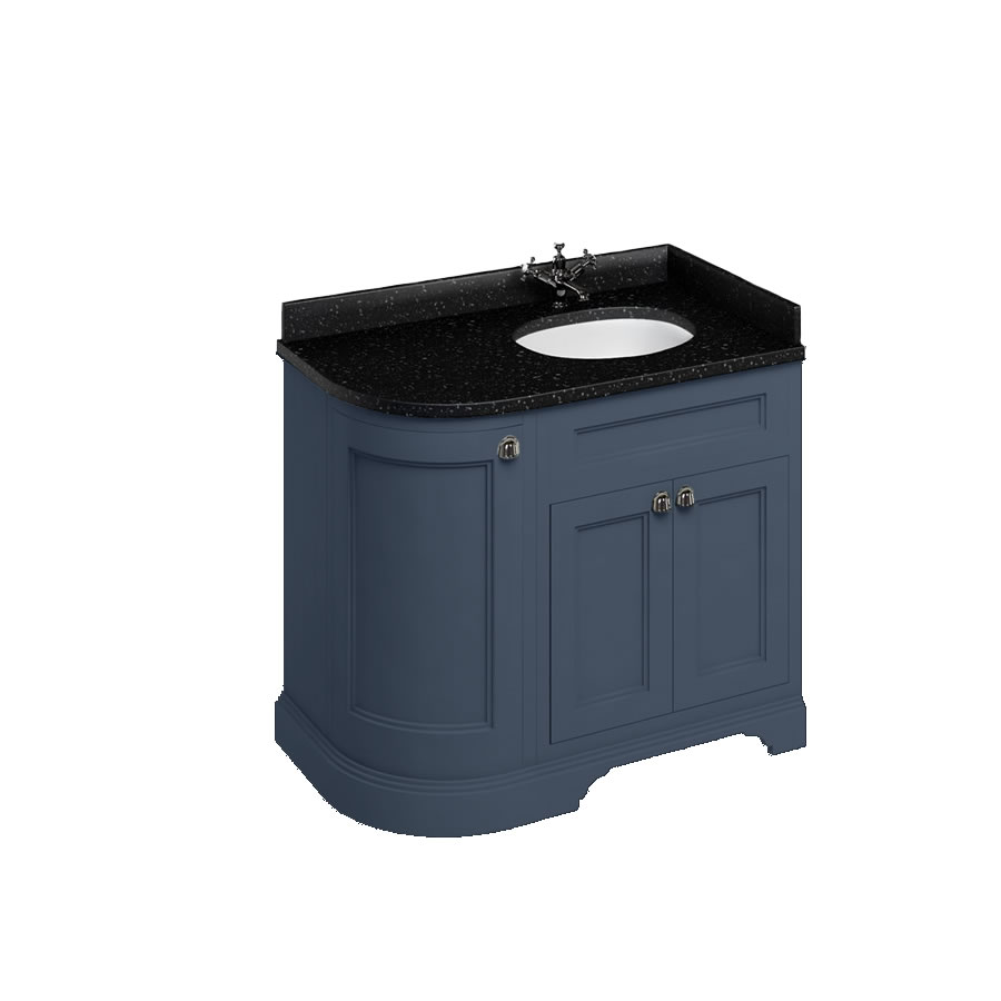 Freestanding 100 Curved Corner Vanity Unit Right Hand - Blue and Minerva black granite worktop with integrated white basin
