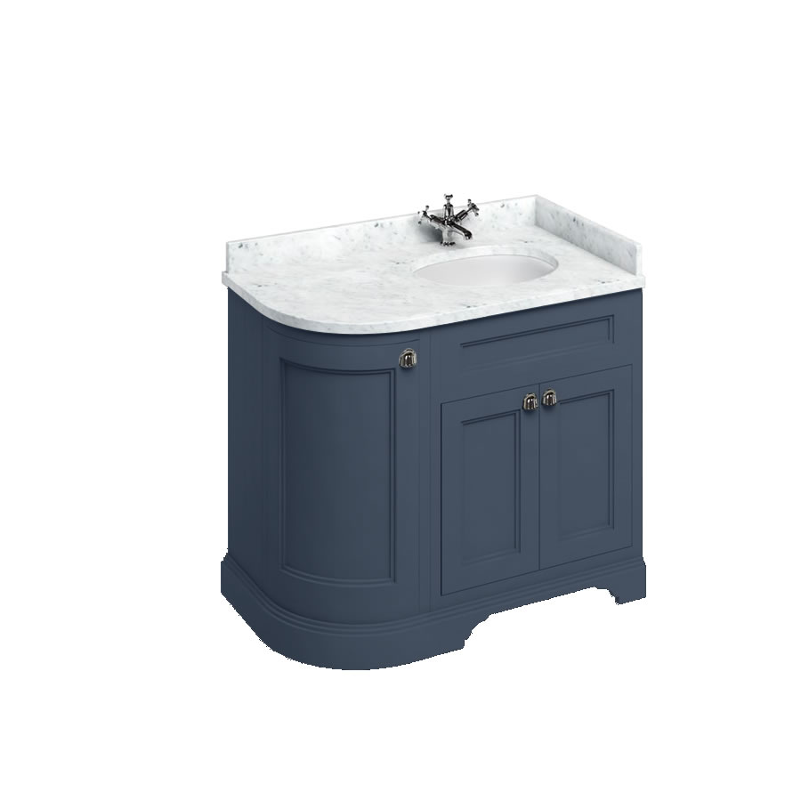Freestanding 100 Curved Corner Vanity Unit Right Hand - Blue and Minerva Carrara white worktop with integrated white basin