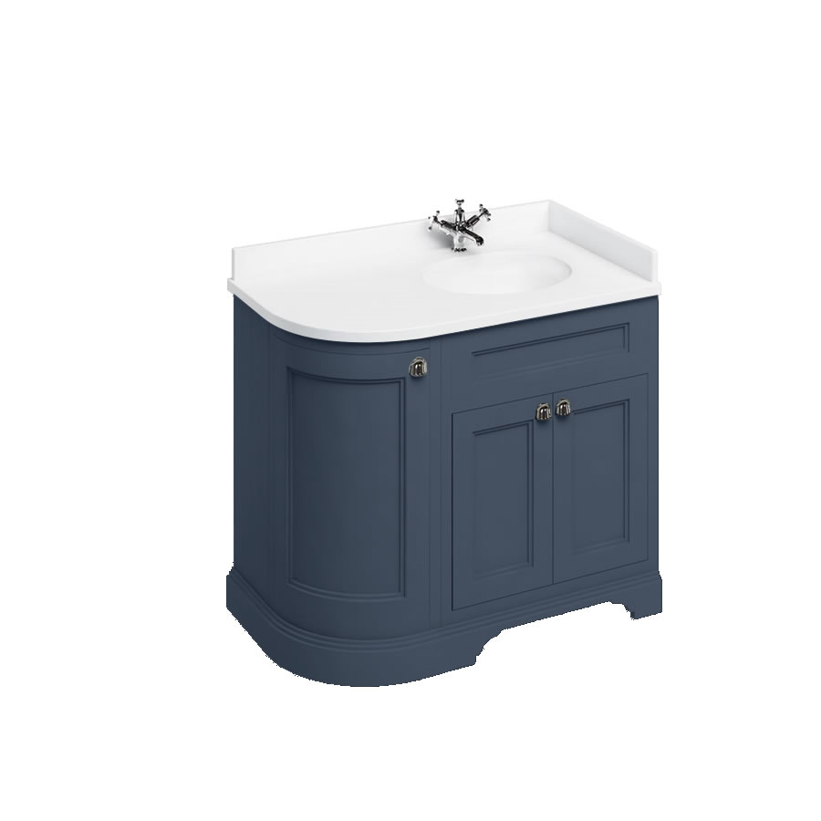 Freestanding 100 Curved Corner Vanity Unit Right Hand - Blue and Minerva white worktop with integrated white basin