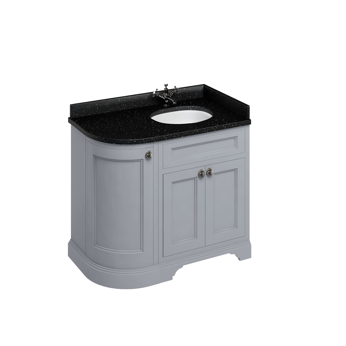 Freestanding 100 Curved Corner Vanity Unit Right Hand - Classic Grey and Minerva black granite worktop with integrated white basins 