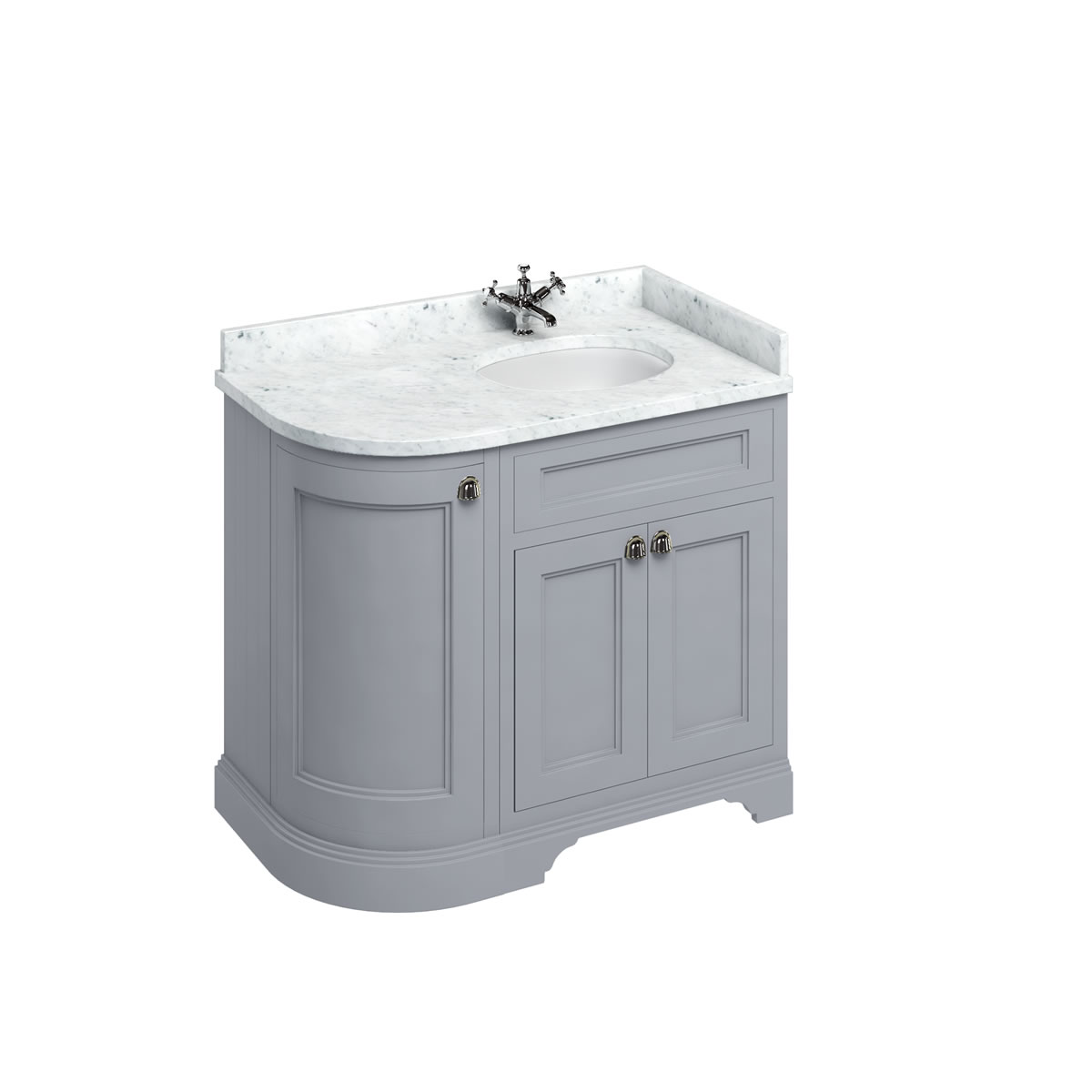 Freestanding 100 Curved Corner Vanity Unit Right Hand - Classic Grey and Minerva Carrara white worktop with integrated white basin