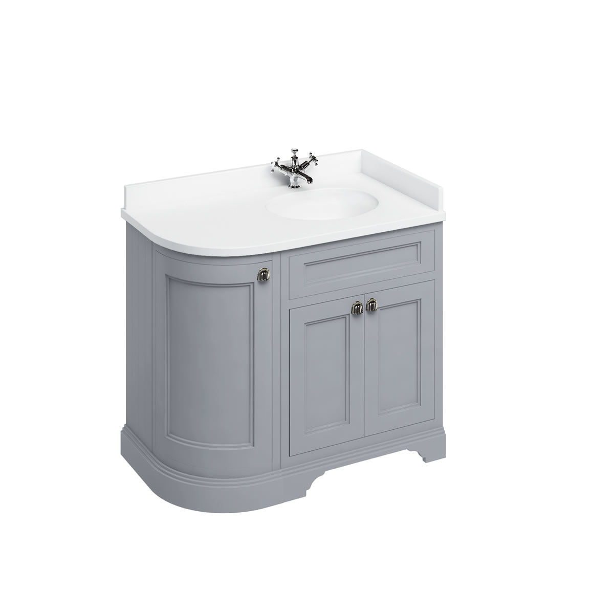 Freestanding 100 Curved Corner Vanity Unit Right Hand - Classic Grey and Minerva white worktop with integrated white basin 