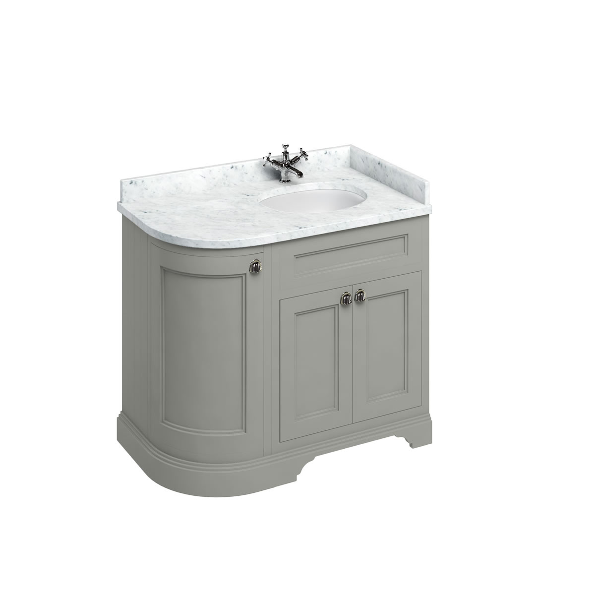 Freestanding 100 Curved Corner Vanity Unit Right Hand - Dark Olive and Minerva Carrara white worktop with integrated white basin