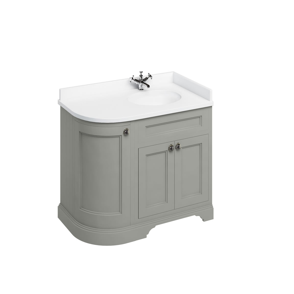 Freestanding 100 Curved Corner Vanity Unit Right Hand - Dark Olive and Minerva white worktop with integrated white basin