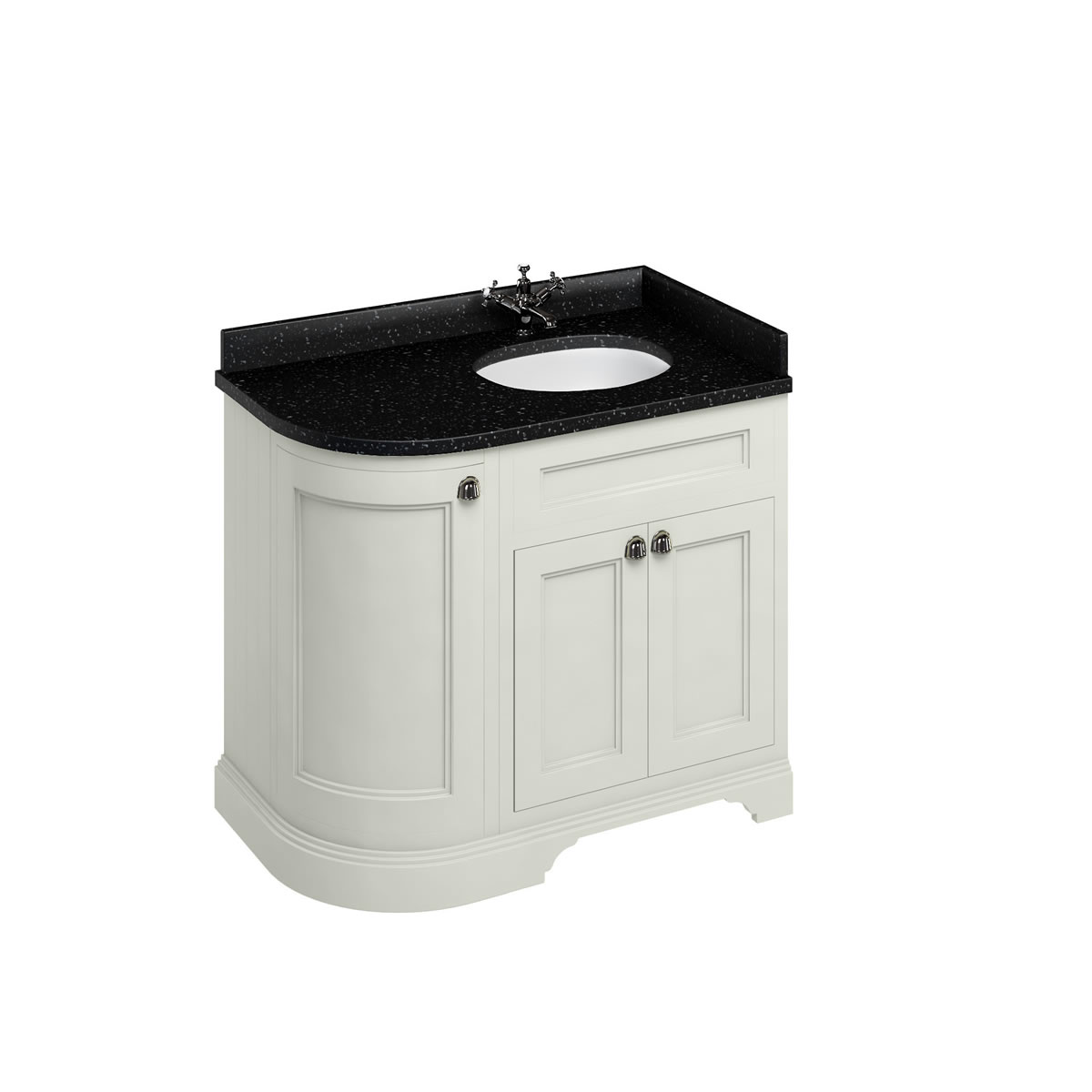 Freestanding 100 Curved Corner Vanity Unit Right Hand - Sand and Minerva black granite worktop with integrated white basin
