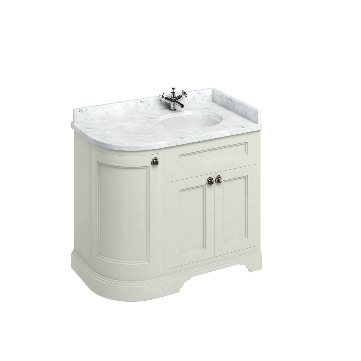 Freestanding 100 Curved Corner Vanity Unit Right Hand - Sand and Minerva Carrara white worktop with integrated white basin