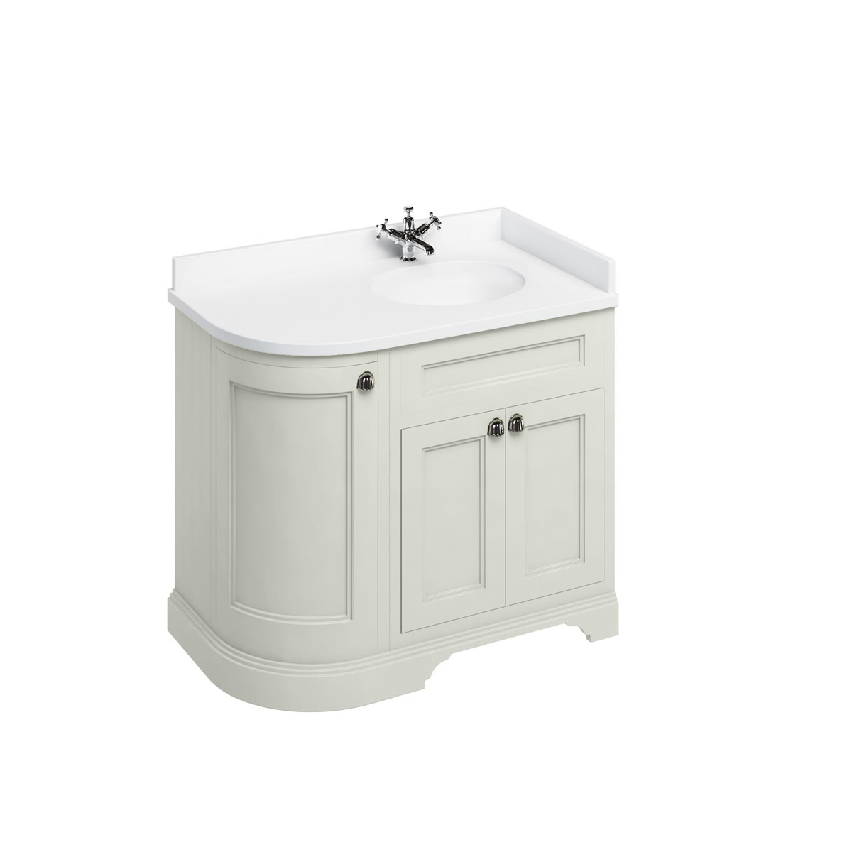 Freestanding 100 Curved Corner Vanity Unit Right Hand - Sand and Minerva white worktop with integrated white basin