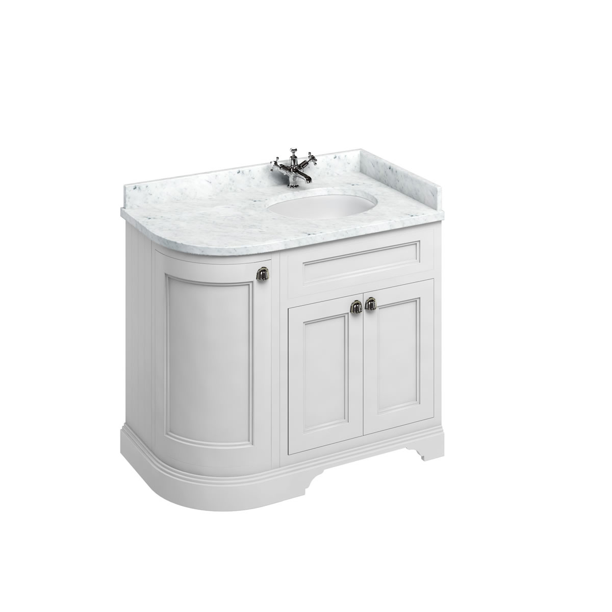 Freestanding 100 Curved Corner Vanity Unit Right Hand - Matt White and Minerva Carrara white worktop with integrated white basin